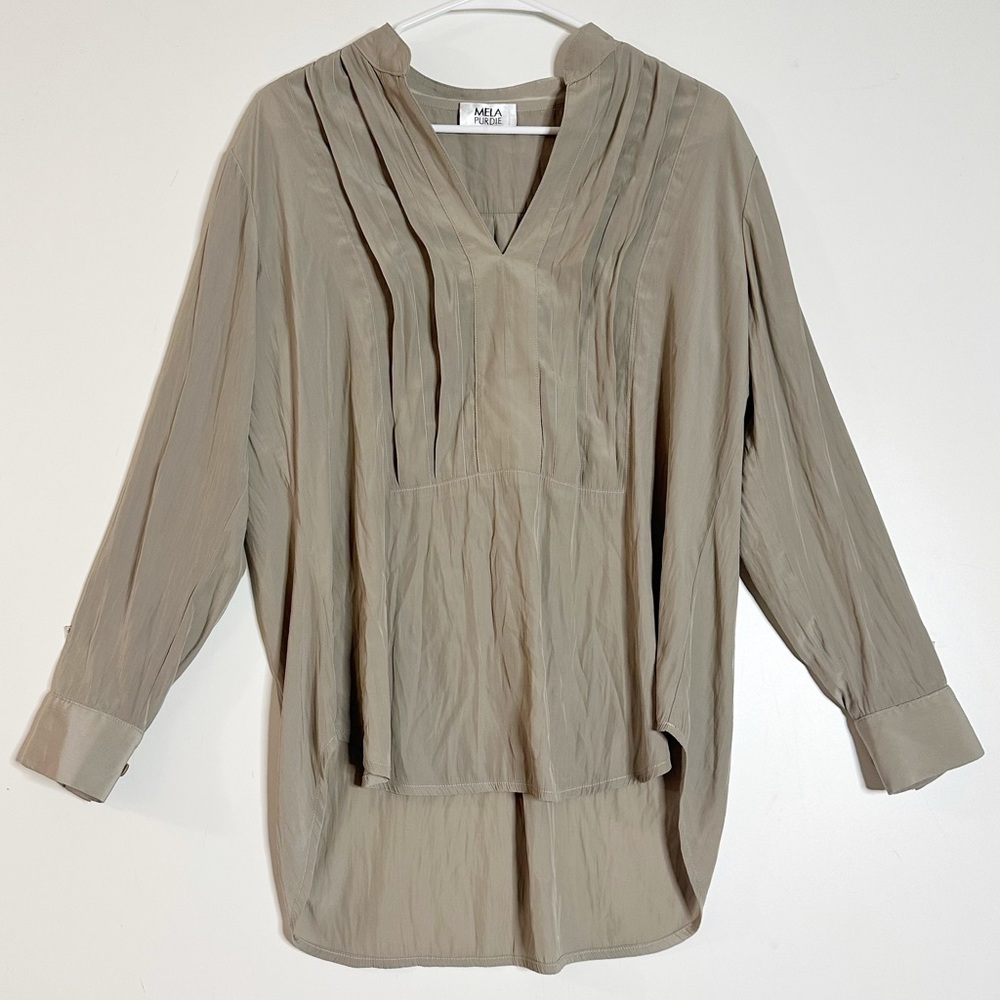 Mela Purdie Australia pleated split neck green blouse